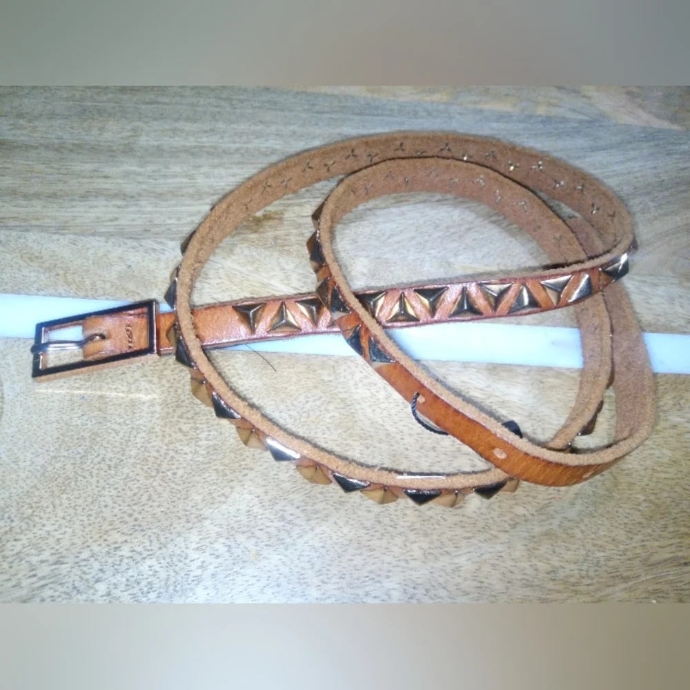 Mango Pyramid Studded Vegan Leather Belt Sz M in Saddle Brown NWOT